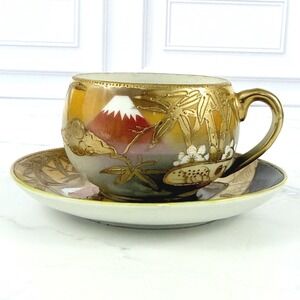 VTG Mt. Fuji Japan Hand Painted Teacup and Saucer Bamboo Gilded